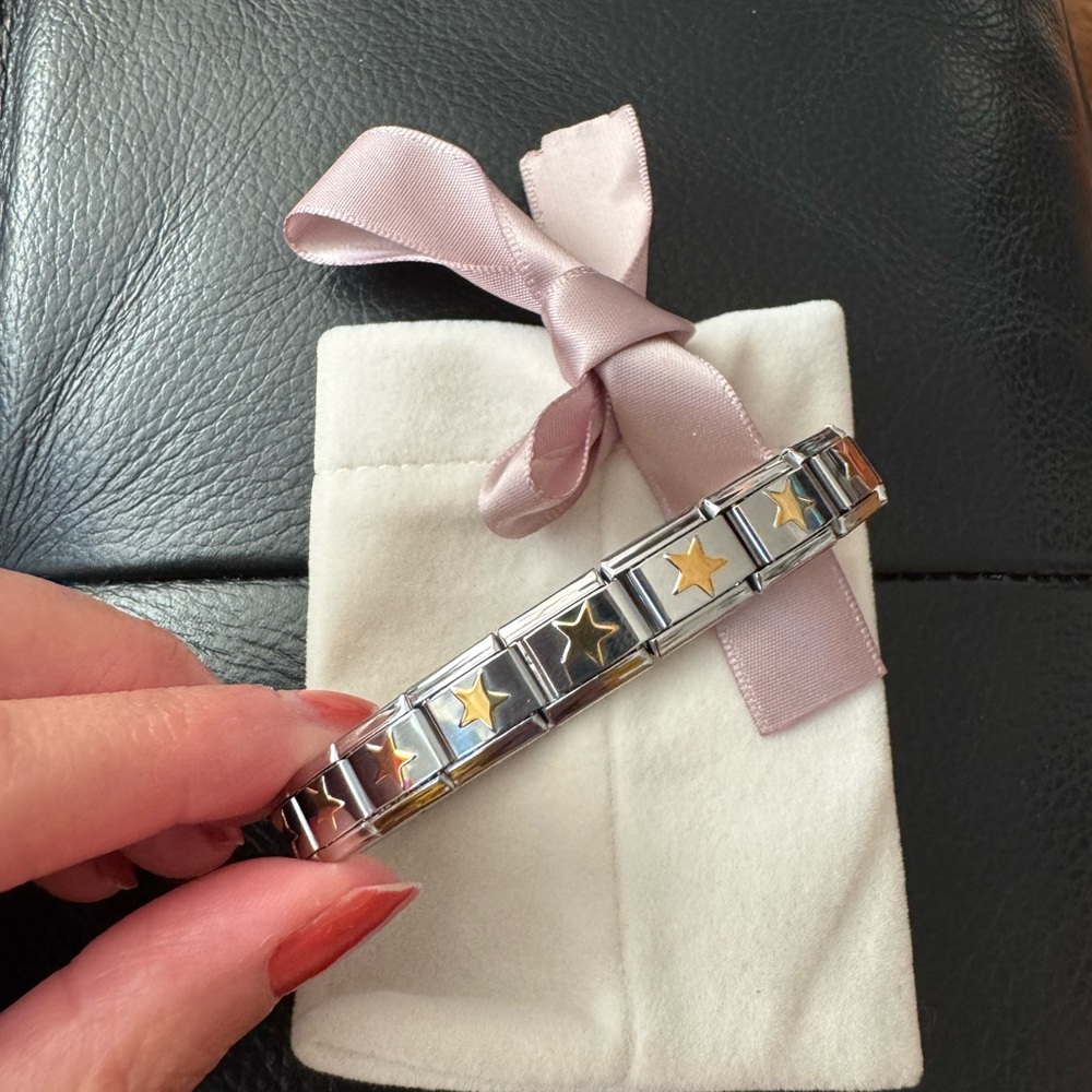 Italian Stainless Steel Charm Bracelet with Gold Star Links with pouch